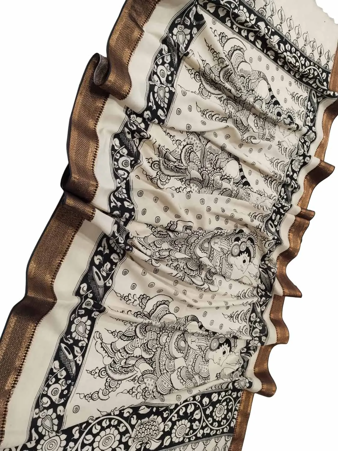 Black And White Kalamkari Hand Painted Pure Bangalore Silk Dupatta