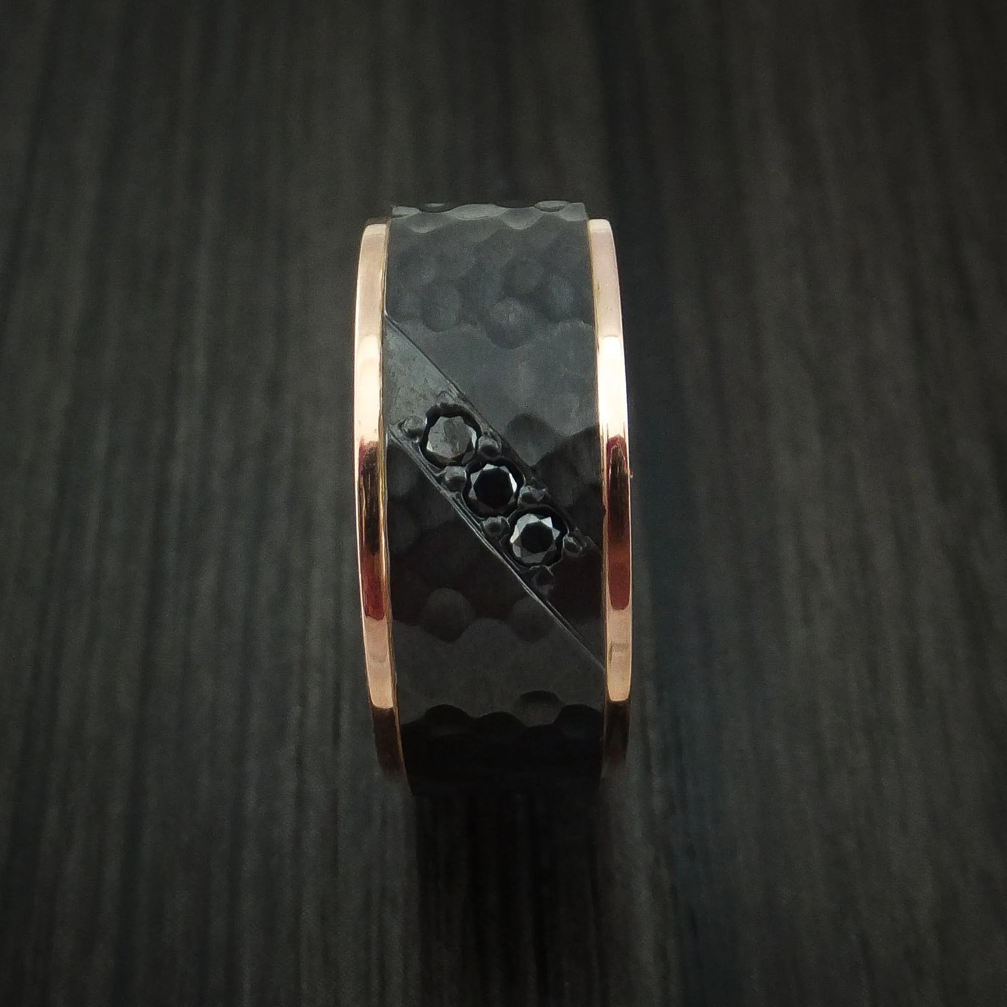 Black Zirconium Hammered Men's Band with 14K Rose Gold Edges and Black Diamonds Custom Made