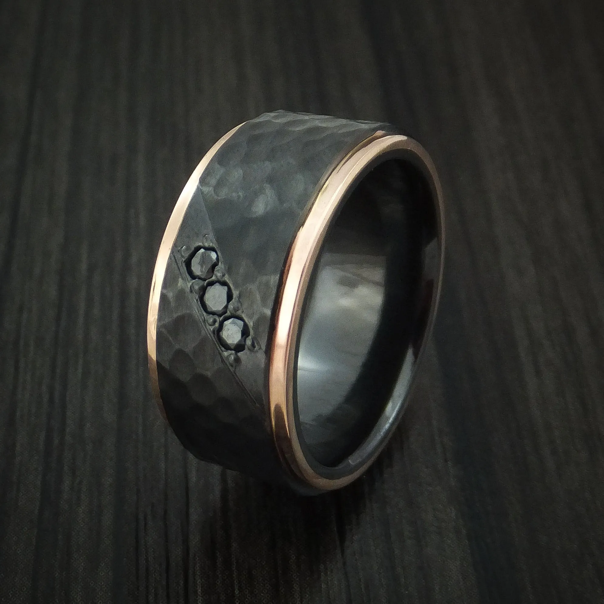 Black Zirconium Hammered Men's Band with 14K Rose Gold Edges and Black Diamonds Custom Made