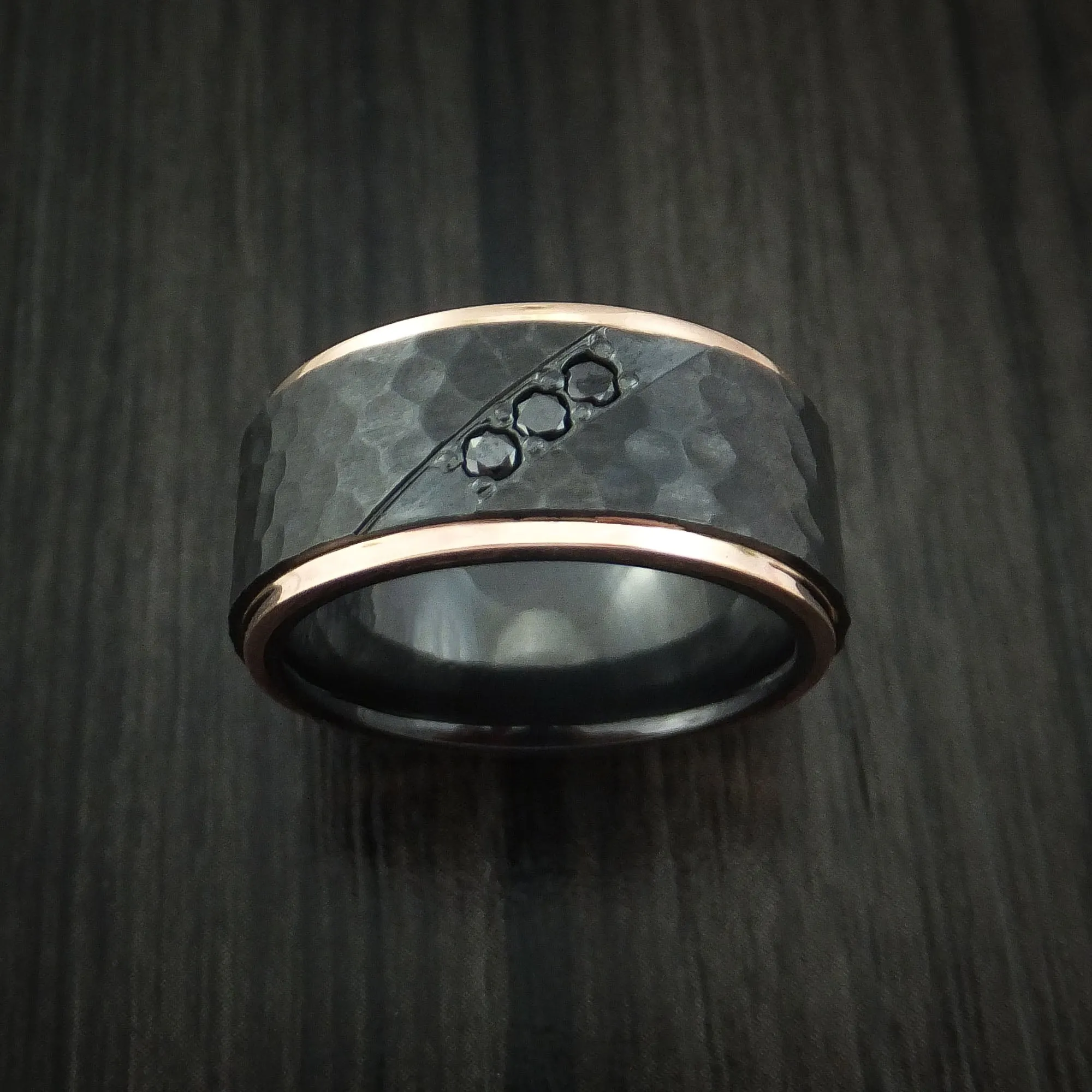 Black Zirconium Hammered Men's Band with 14K Rose Gold Edges and Black Diamonds Custom Made